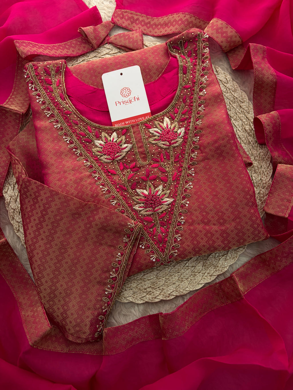 Magenta Pink Yoke Embroidered A-line Kurta Pant Set with a Dupatta for Women .