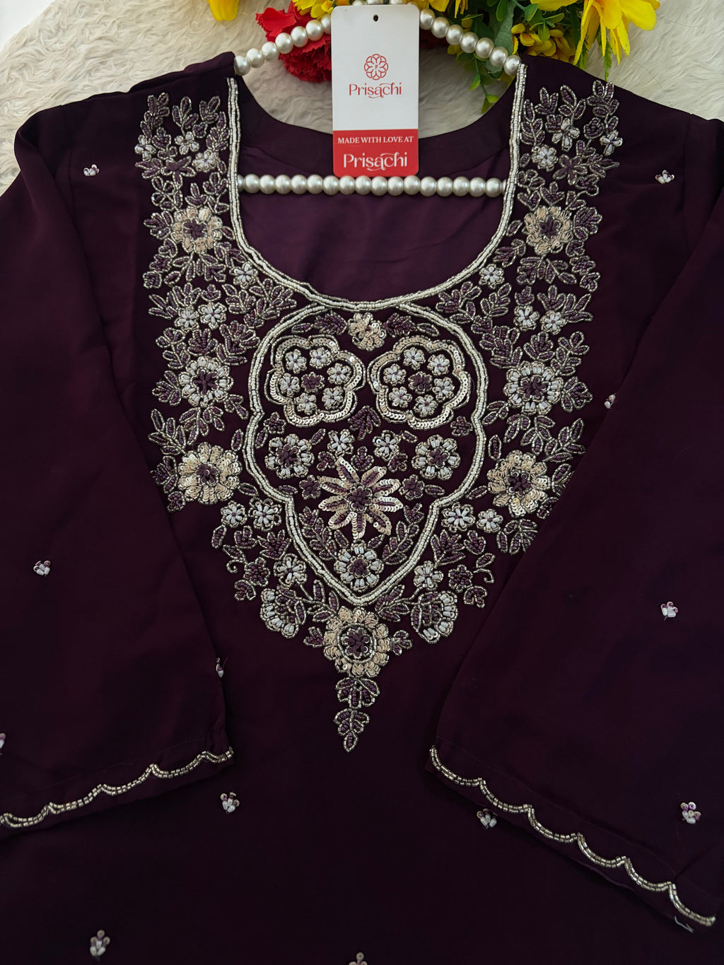 Wine Embroidered Zardozi Kurta Set with Sharara & Dupatta Ethnic Set