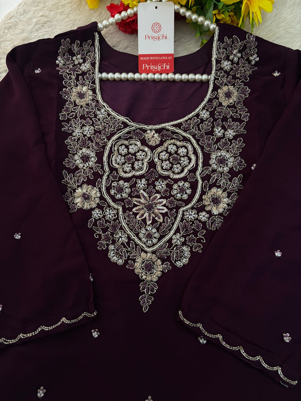 Wine Embroidered Zardozi Kurta Set with Sharara & Dupatta Ethnic Set