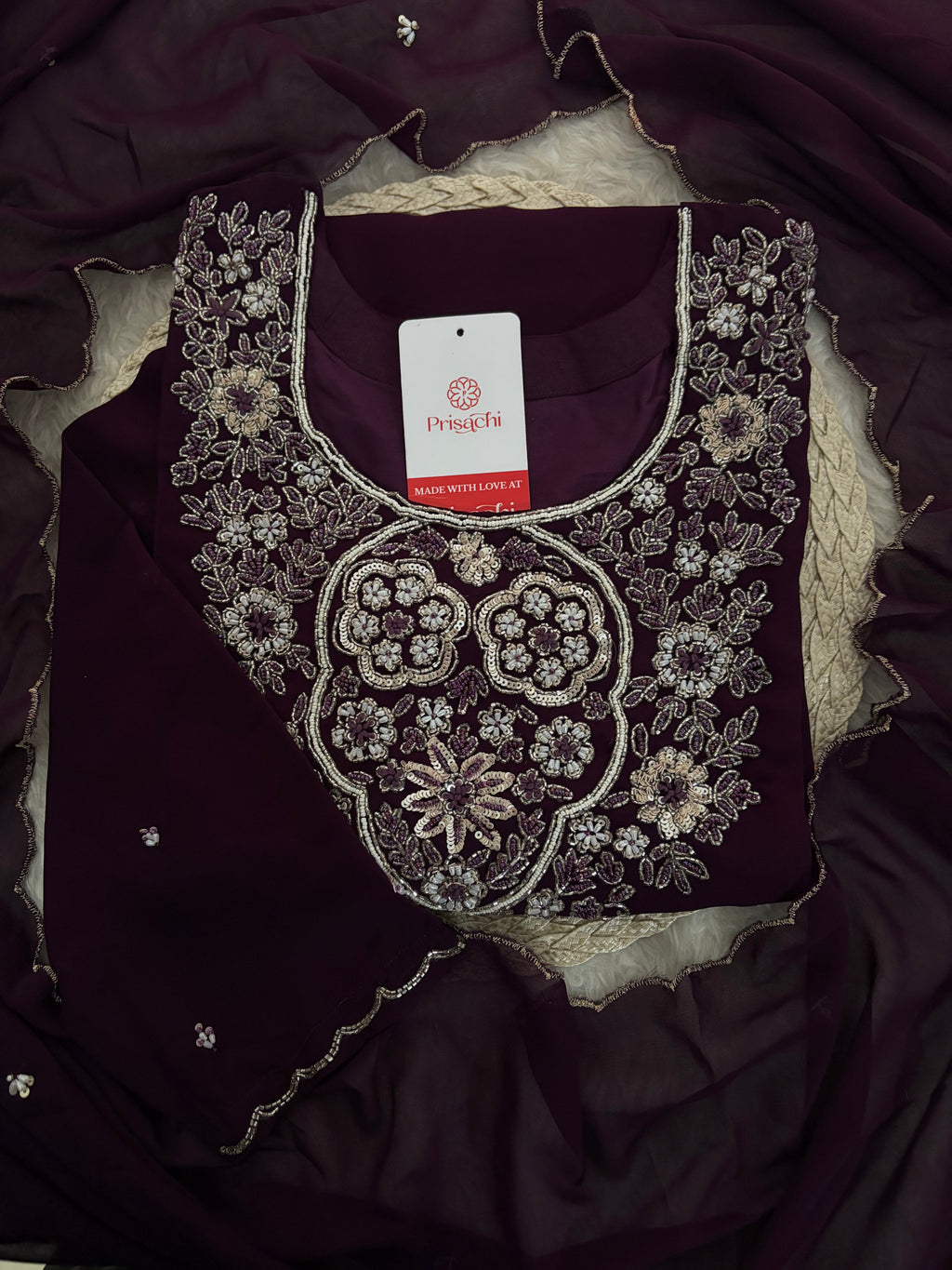 Wine Embroidered Zardozi Kurta Set with Sharara & Dupatta Ethnic Set