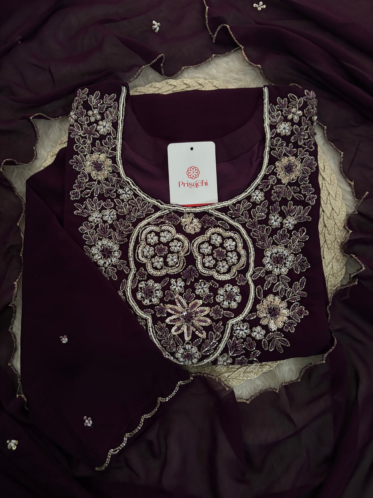 Wine Embroidered Zardozi Kurta Set with Sharara & Dupatta Ethnic Set