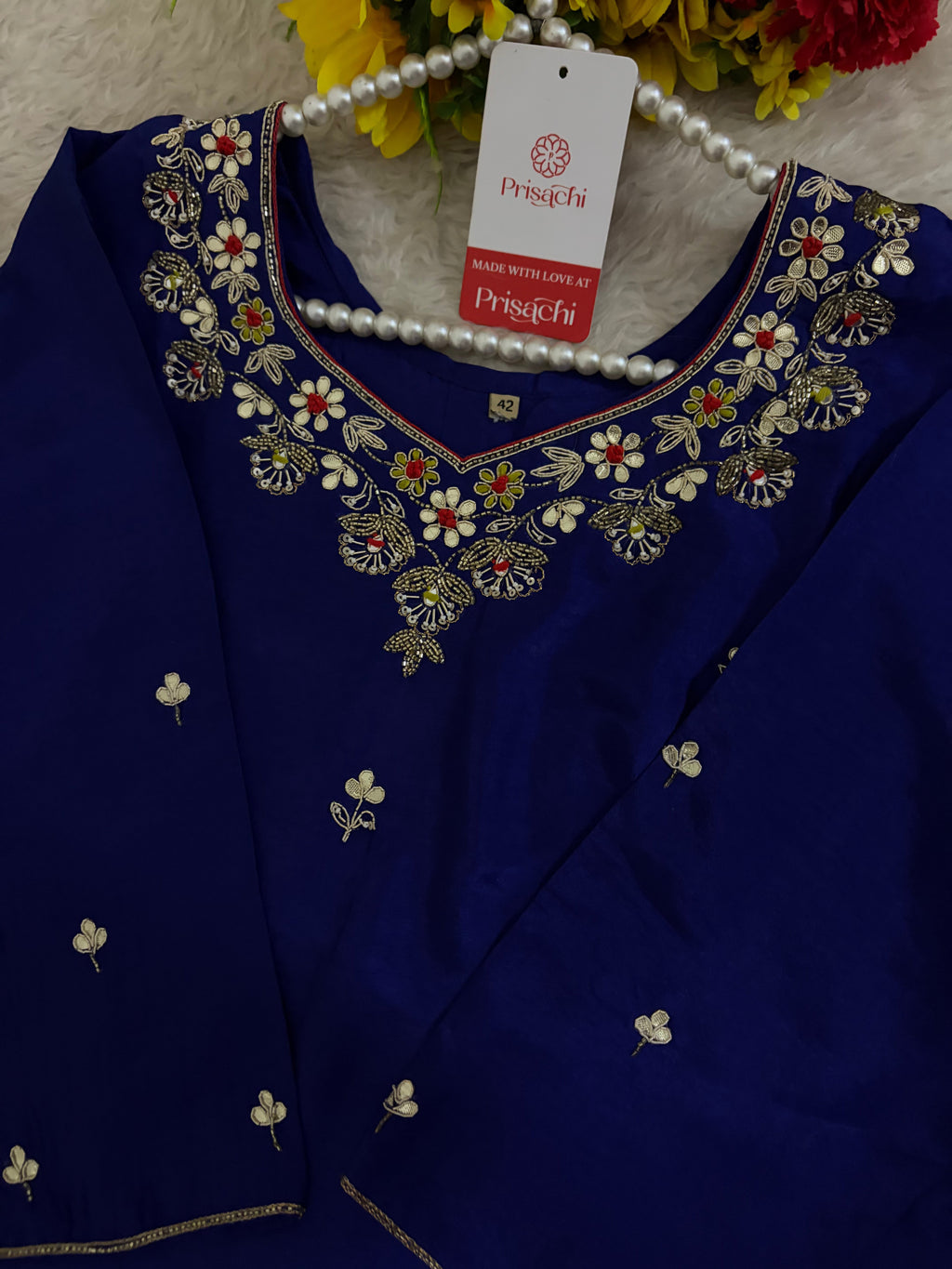 Royal Blue Embroidered Ethnic Kurta set with Pants and Dupatta For Women's