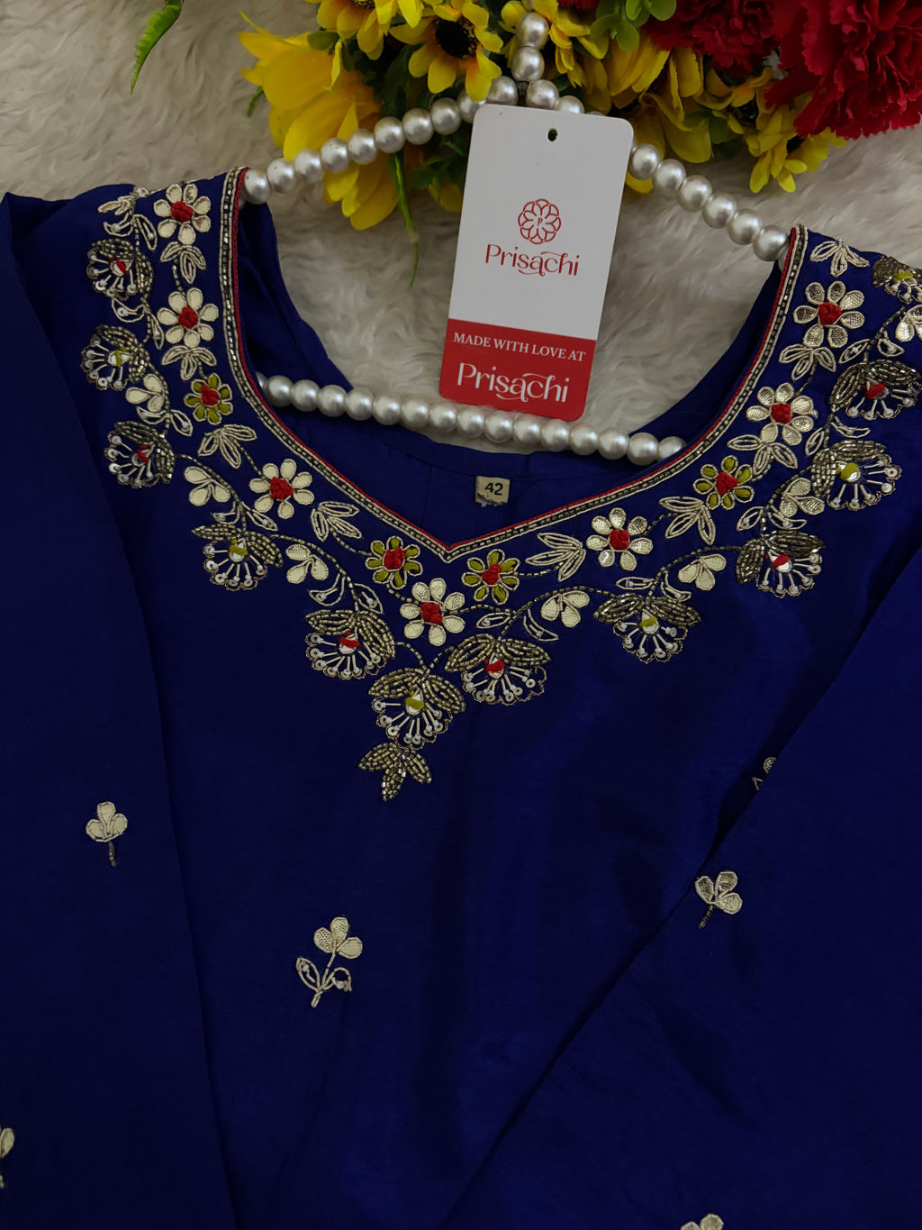 Royal Blue Embroidered Ethnic Kurta set with Pants and Dupatta For Women's