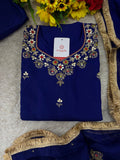 Royal Blue Embroidered Ethnic Kurta set with Pants and Dupatta For Women's