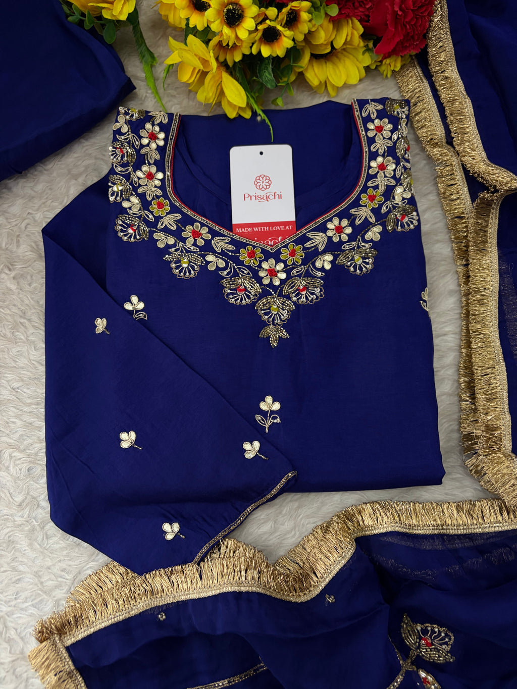 Royal Blue Embroidered Ethnic Kurta set with Pants and Dupatta For Women's