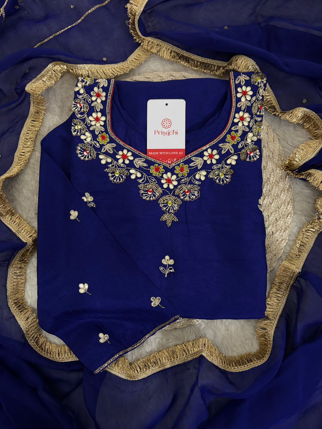 Royal Blue Embroidered Ethnic Kurta set with Pants and Dupatta For Women's