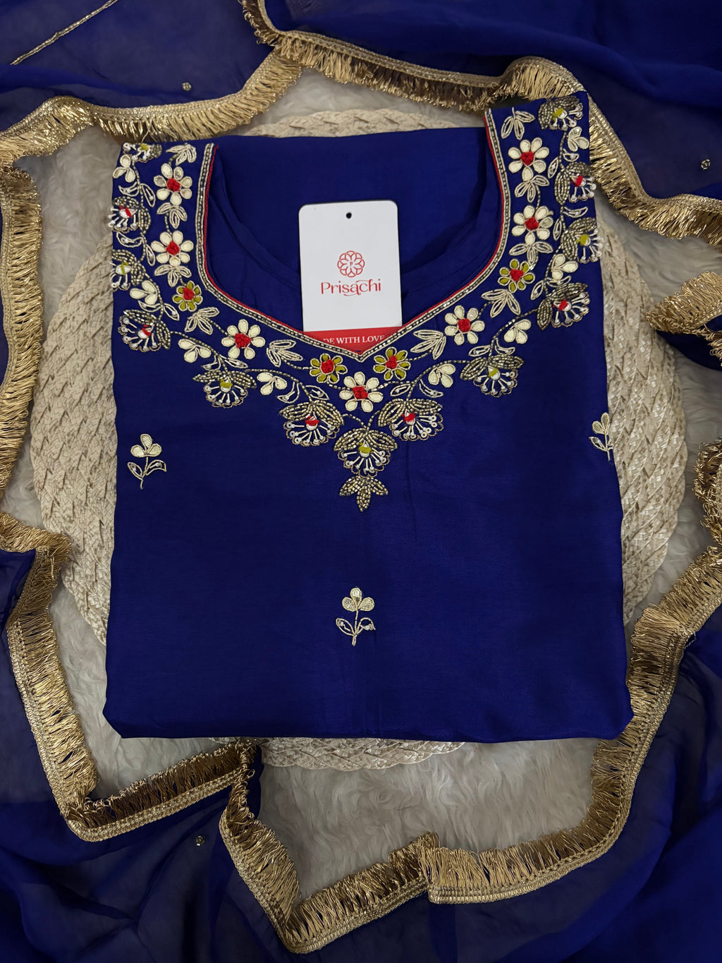 Royal Blue Embroidered Ethnic Kurta set with Pants and Dupatta For Women's