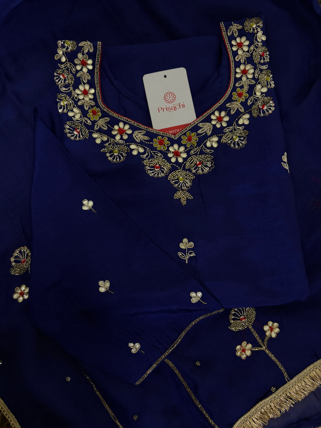 Royal Blue Embroidered Ethnic Kurta set with Pants and Dupatta For Women's
