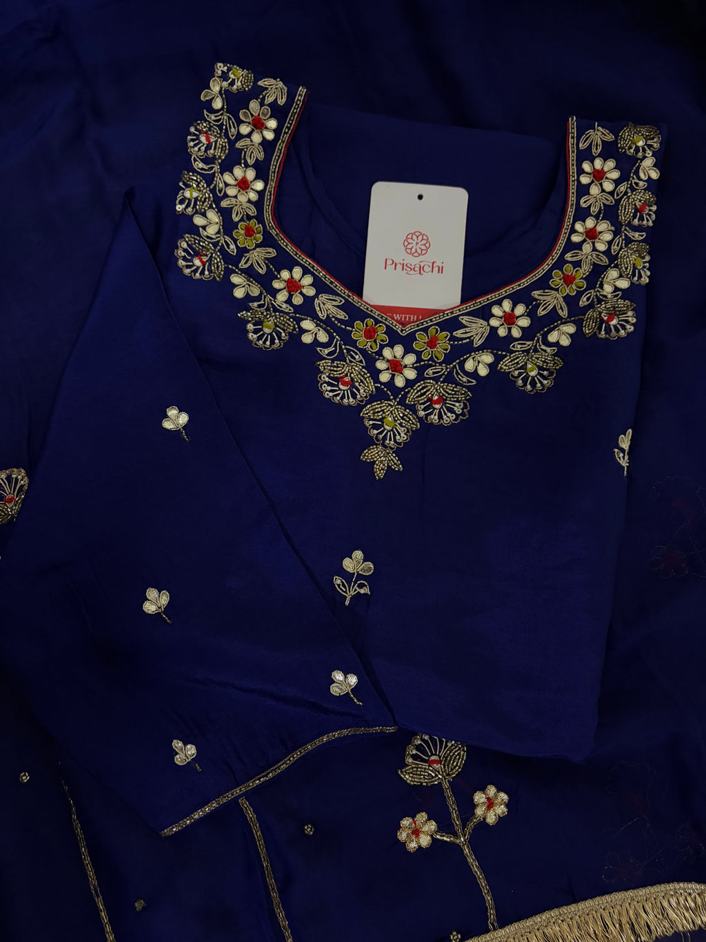 Royal Blue Embroidered Ethnic Kurta set with Pants and Dupatta For Women's