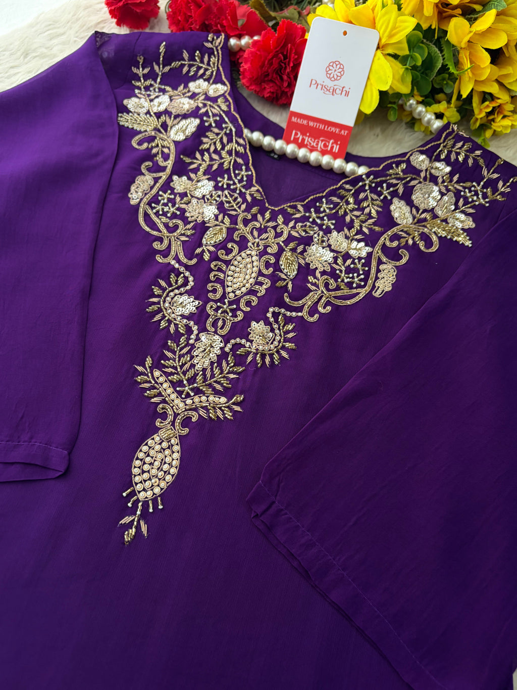 Purple Zardozi Embroidered Kurta Set for Women with Broad Antique Gold Hem Border, Pants & Dupatta | Designer Ethnic Suit