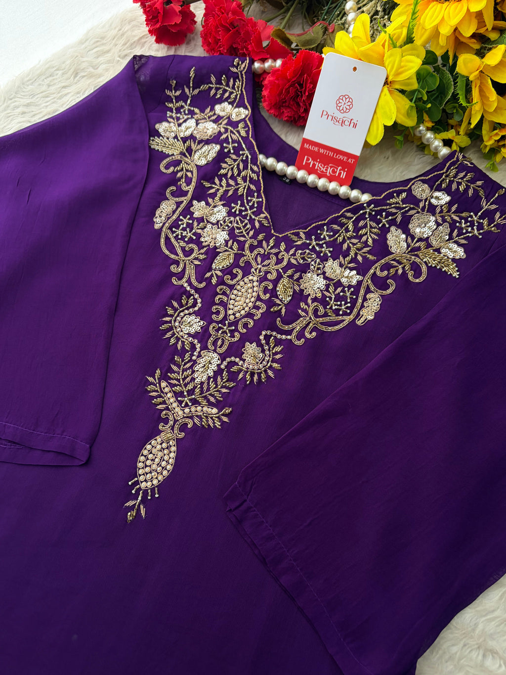 Purple Zardozi Embroidered Kurta Set for Women with Broad Antique Gold Hem Border, Pants & Dupatta | Designer Ethnic Suit