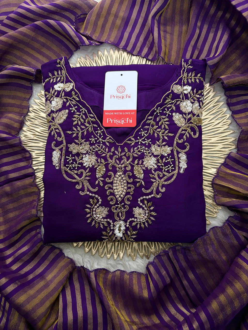 Purple Zardozi Embroidered Kurta Set for Women with Broad Antique Gold Hem Border, Pants & Dupatta | Designer Ethnic Suit