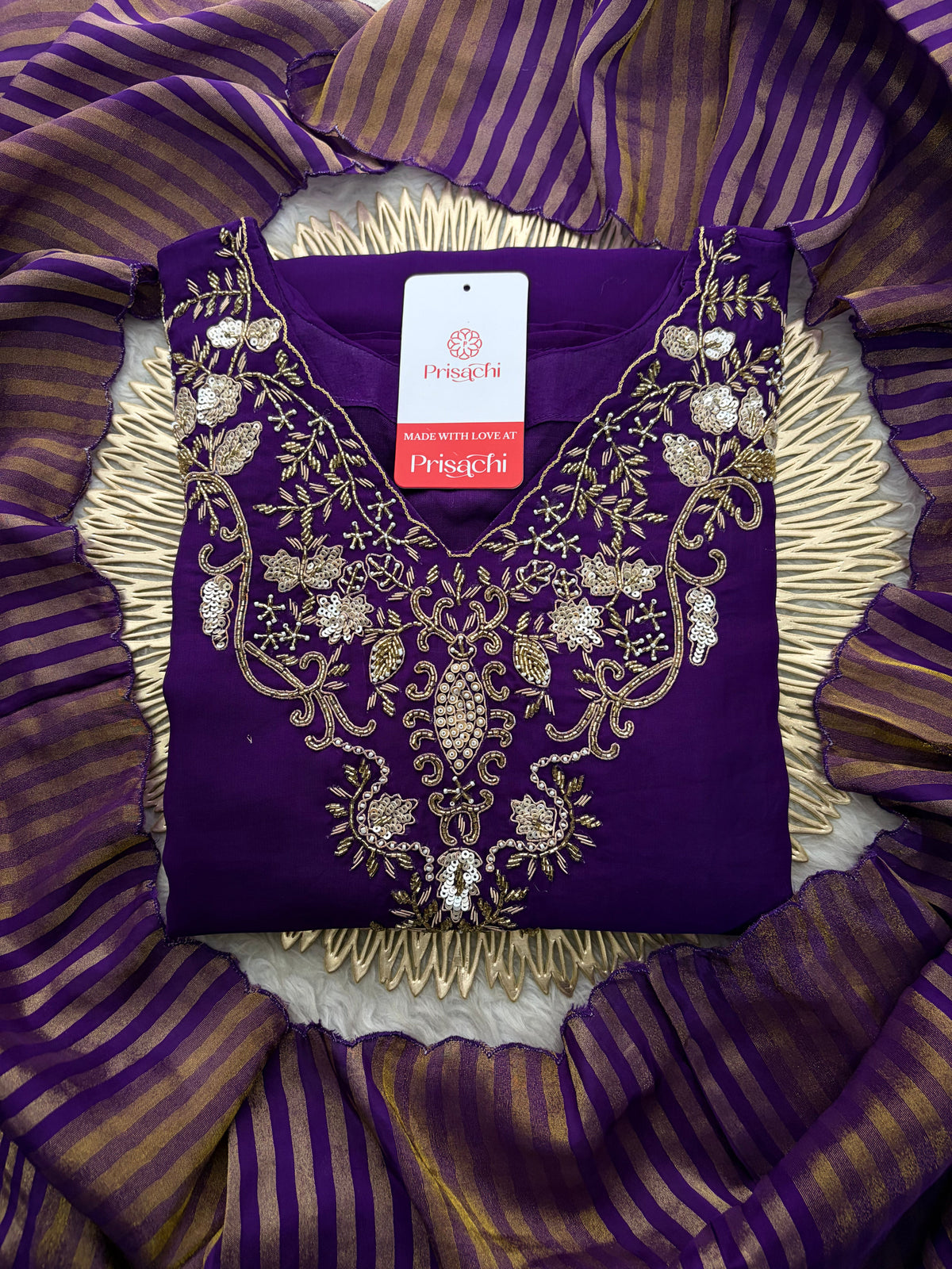 Purple Zardozi Embroidered Kurta Set for Women with Broad Antique Gold Hem Border, Pants & Dupatta | Designer Ethnic Suit