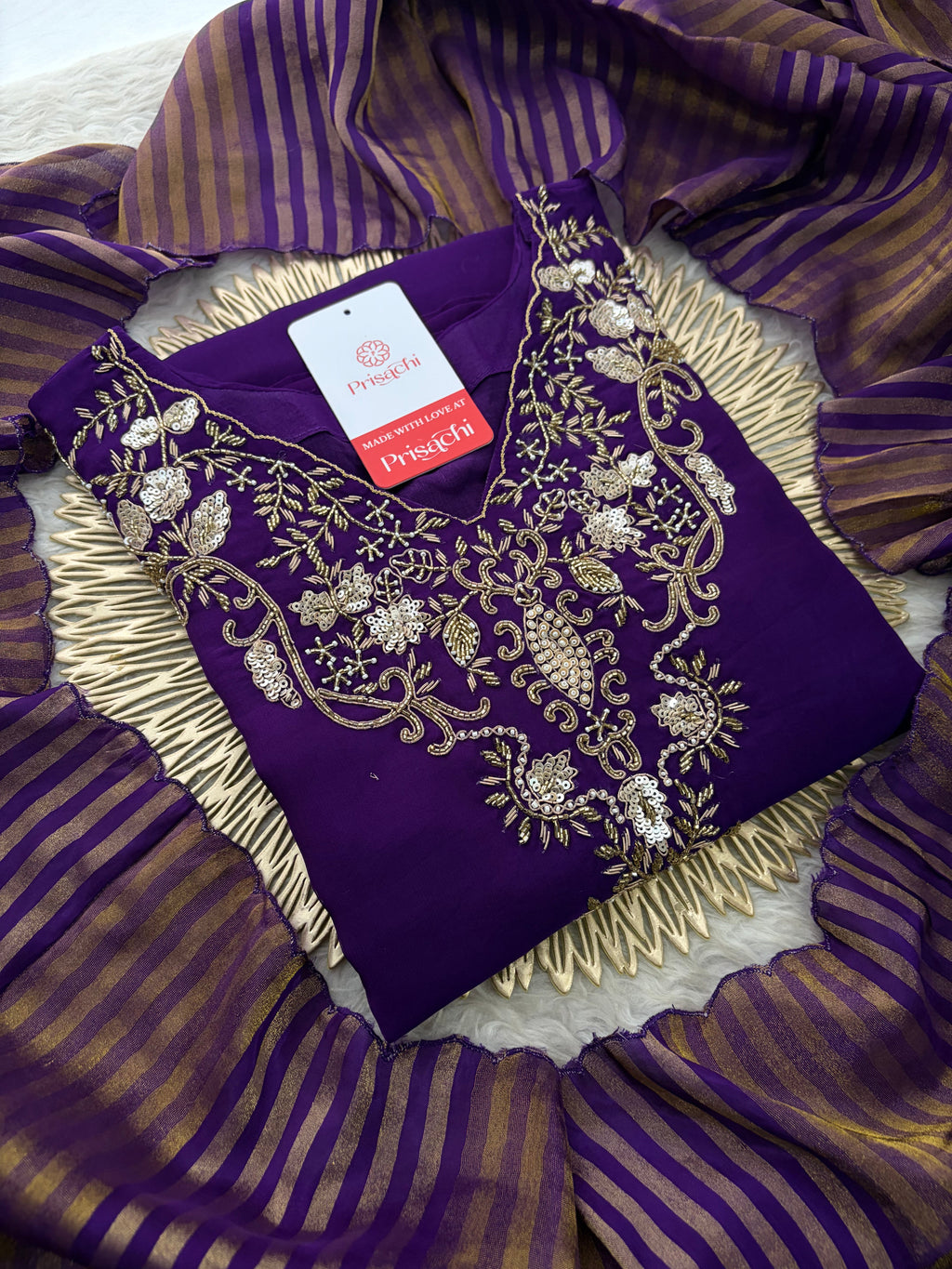 Purple Zardozi Embroidered Kurta Set for Women with Broad Antique Gold Hem Border, Pants & Dupatta | Designer Ethnic Suit