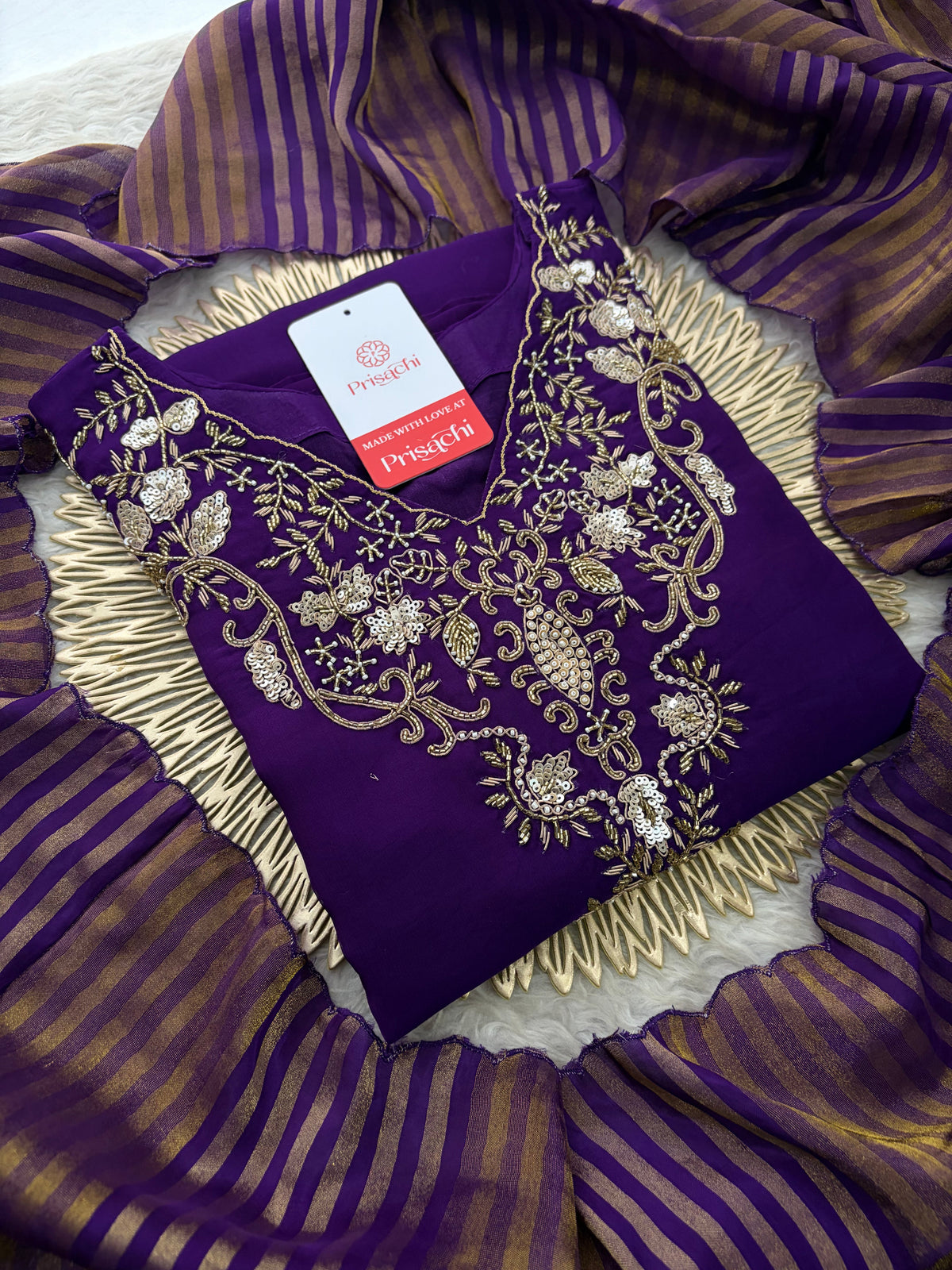 Purple Zardozi Embroidered Kurta Set for Women with Broad Antique Gold Hem Border, Pants & Dupatta | Designer Ethnic Suit