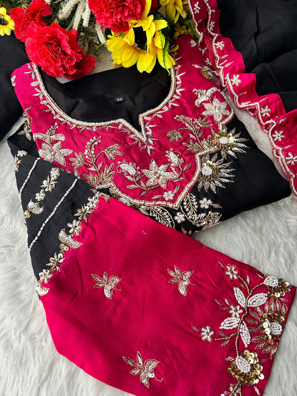 Black Zardozi Embroidered Kurta Set with Pants & Dupatta for Women | Festive & Wedding Wear Ethnic Suit