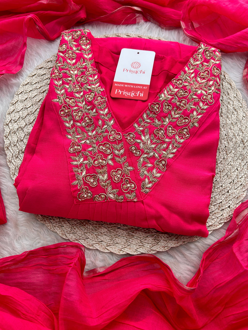 Pink Zardozi Embroidered A-Line Ethnic Kurta Set with Dupatta & Pants