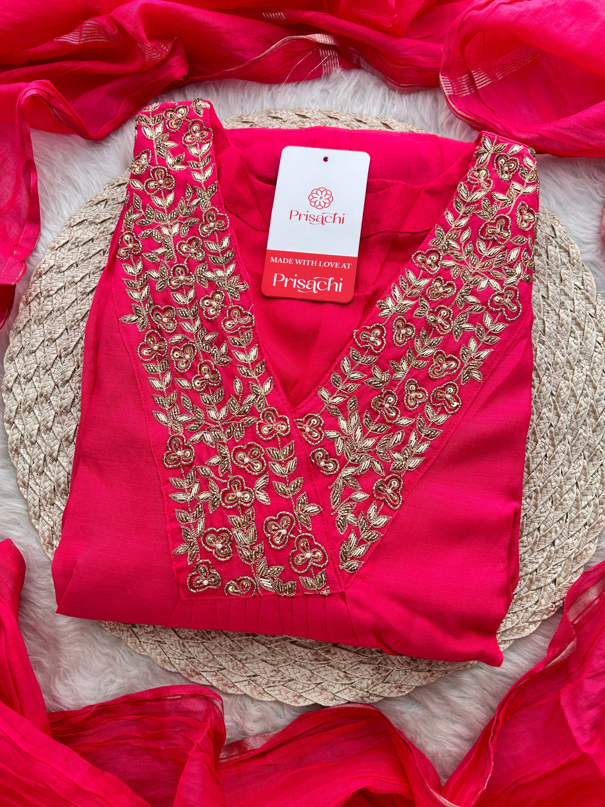 Pink Zardozi Embroidered A-Line Ethnic Kurta Set with Dupatta & Pants