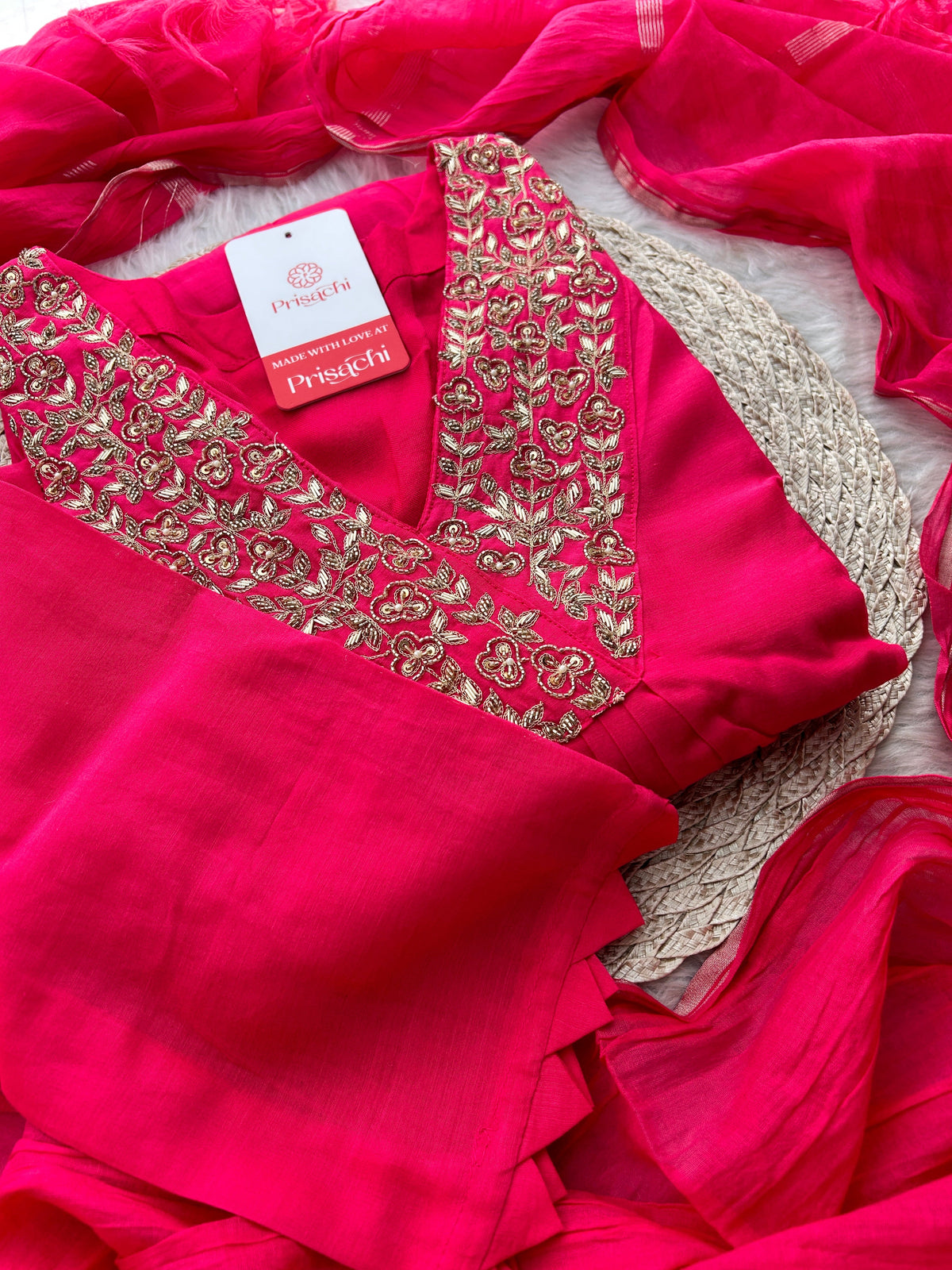 Pink Zardozi Embroidered A-Line Ethnic Kurta Set with Dupatta & Pants