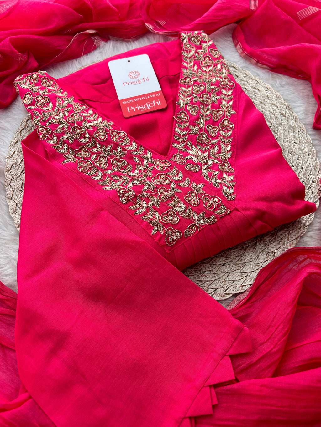 Pink Zardozi Embroidered A-Line Ethnic Kurta Set with Dupatta & Pants