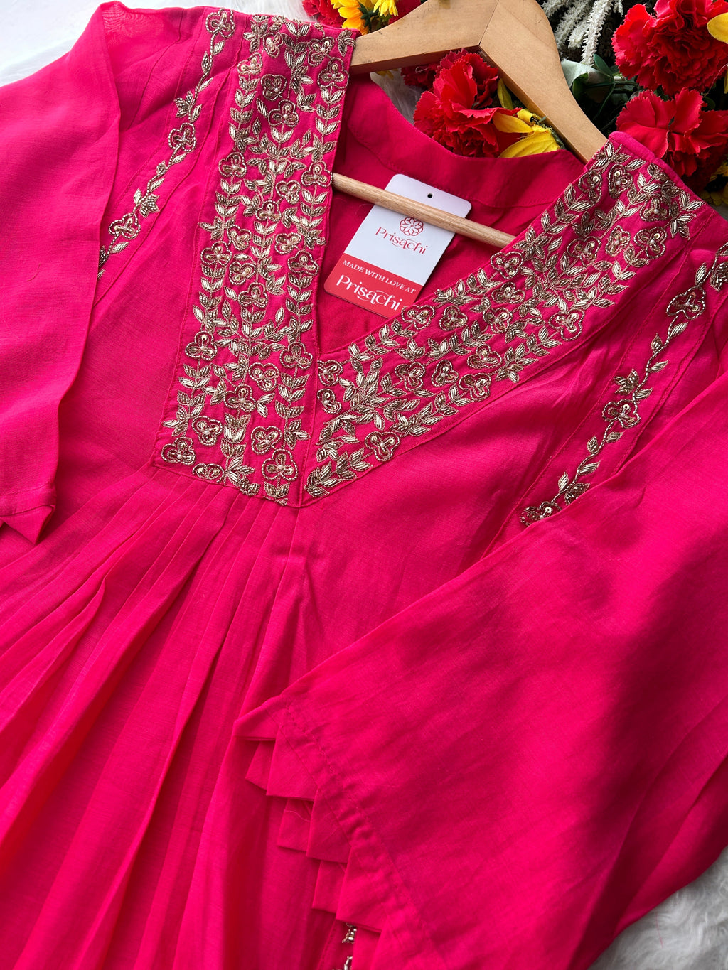 Pink Zardozi Embroidered A-Line Ethnic Kurta Set with Dupatta & Pants