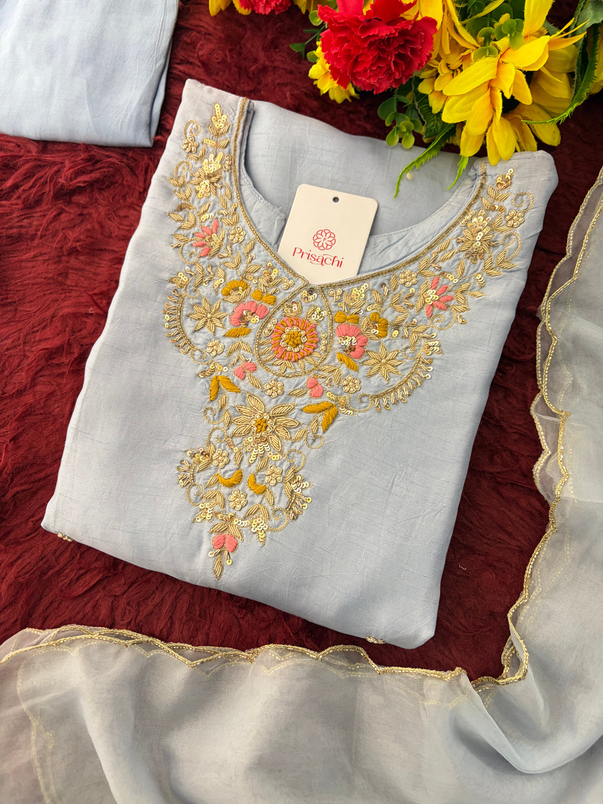 Pastel Blue Embroidered Kurta Set for Women with Straight Pants & Dupatta | Elegant Office & Daily Wear