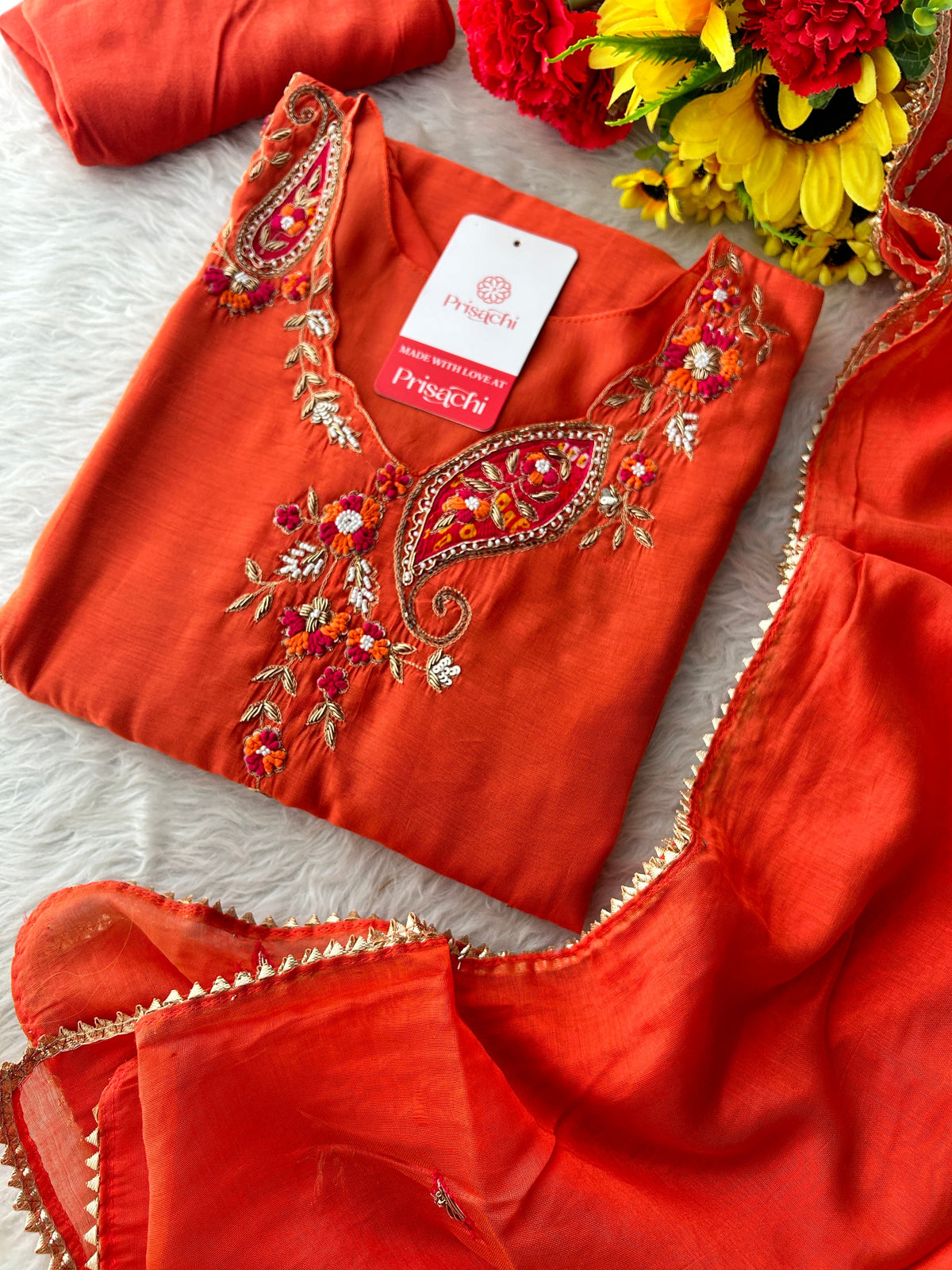 Orange Designer Embroidered A Line kurta set with dupatta and Pant