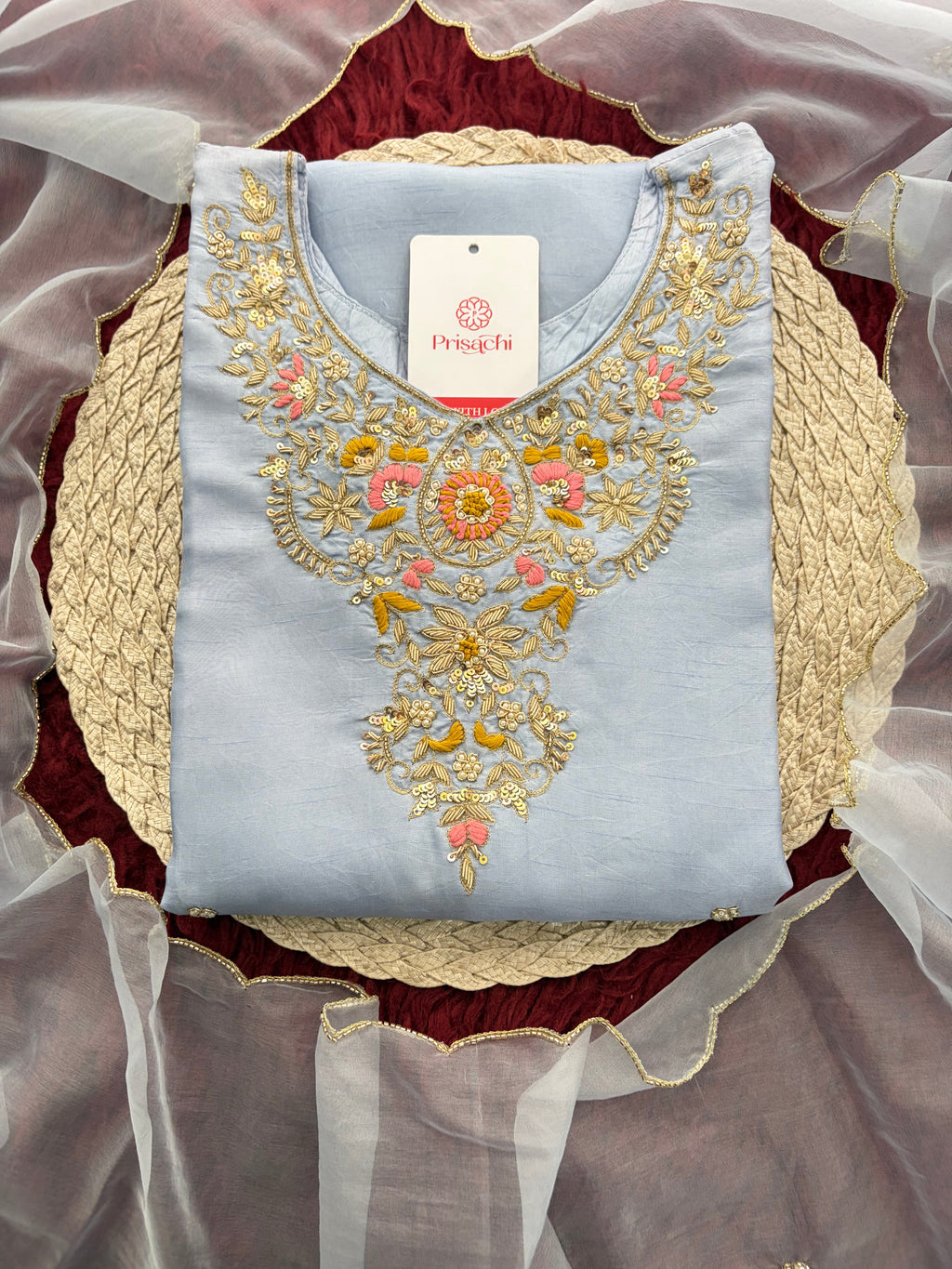 Pastel Blue Embroidered Kurta Set for Women with Straight Pants & Dupatta | Elegant Office & Daily Wear