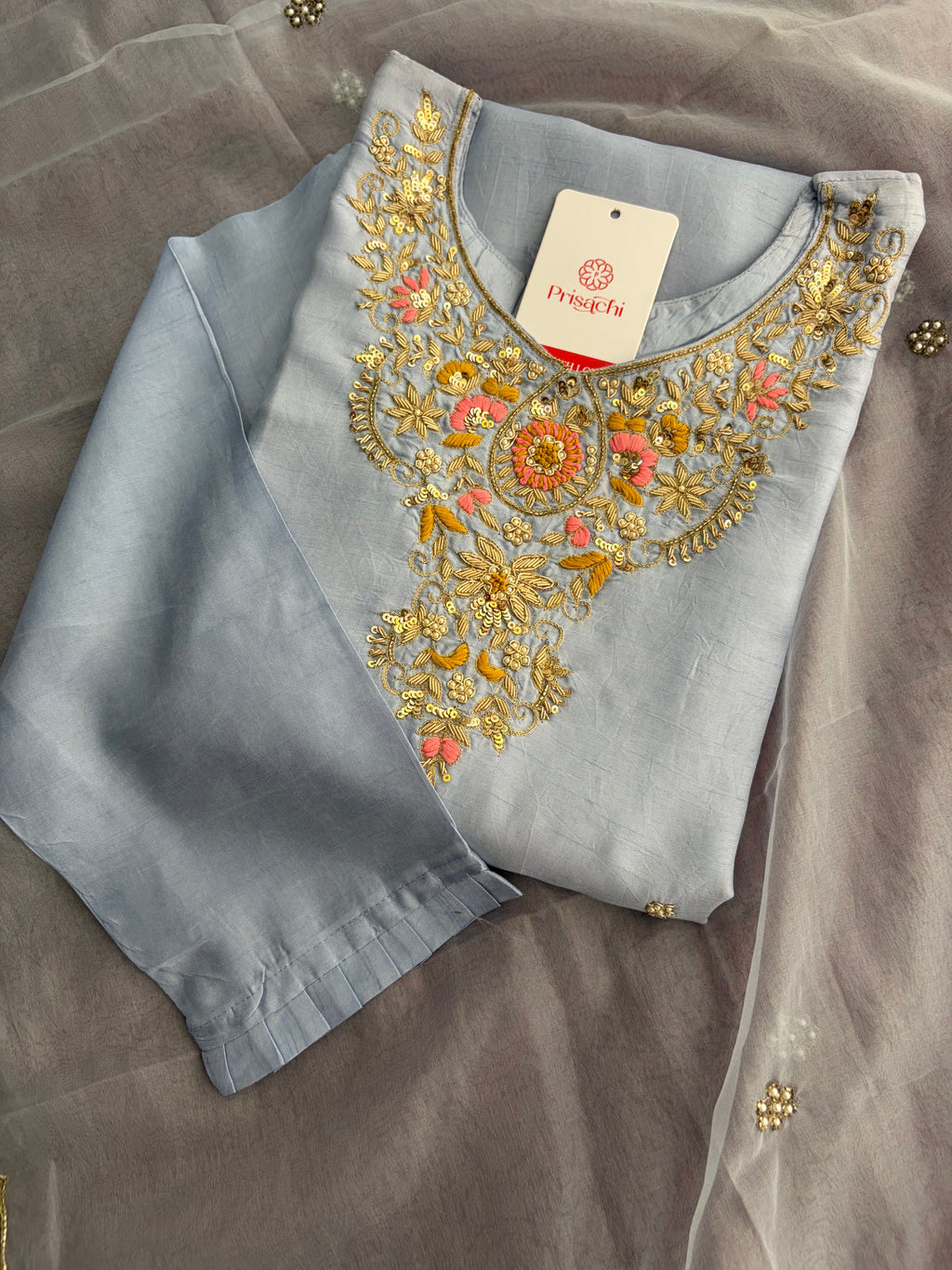 Pastel Blue Embroidered Kurta Set for Women with Straight Pants & Dupatta | Elegant Office & Daily Wear