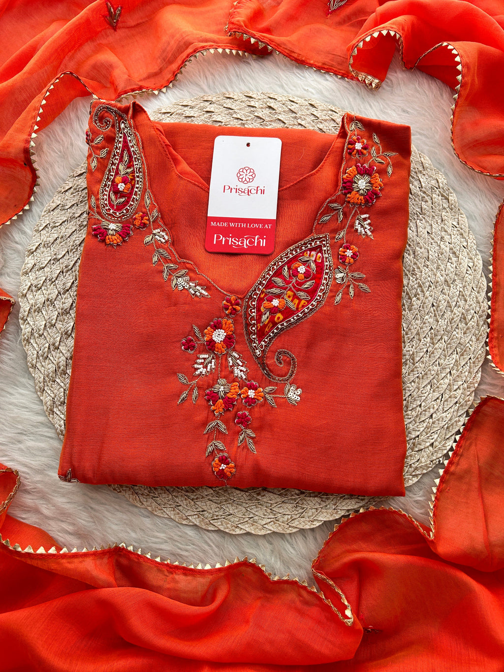 Orange Designer Embroidered A Line kurta set with dupatta and Pant