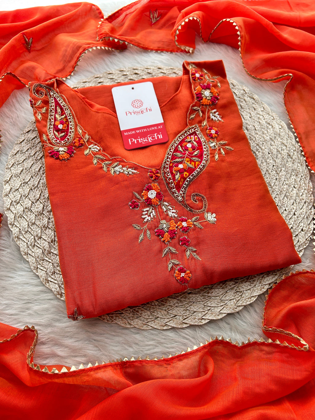 Orange Designer Embroidered A Line kurta set with dupatta and Pant