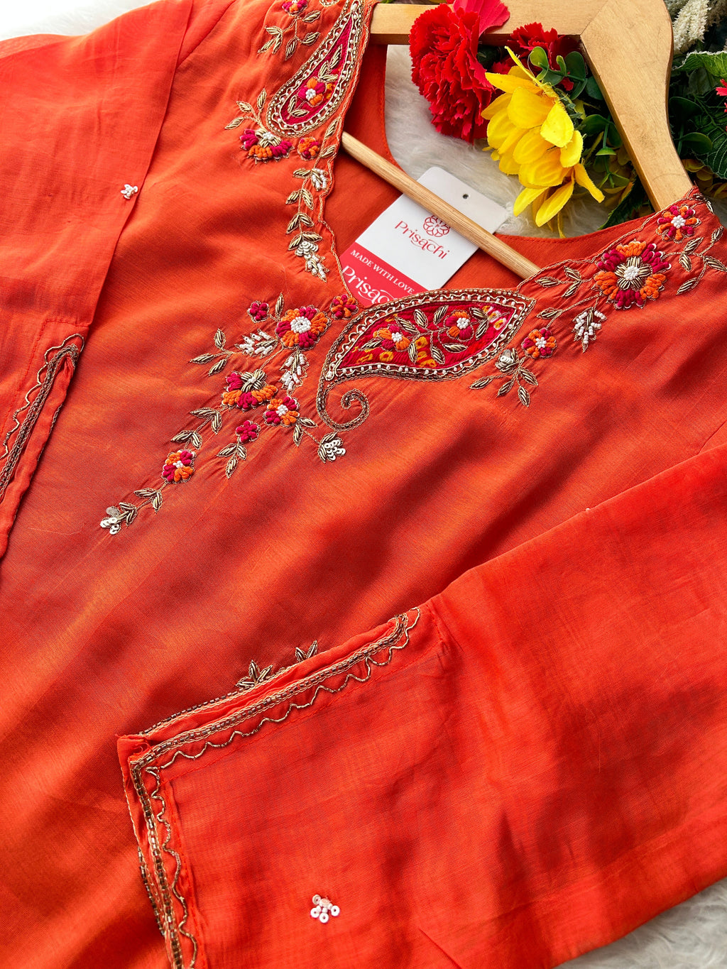 Orange Designer Embroidered A Line kurta set with dupatta and Pant