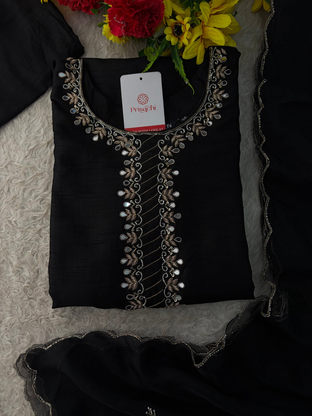Women’s Mirror Work & Zardozi Embroidered Kurta Set with Dupatta & Pants