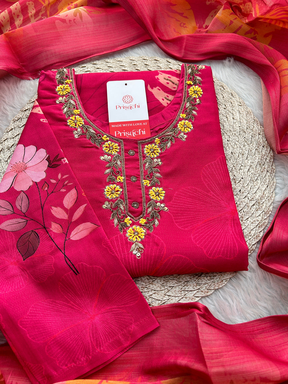 Pink Floral Printed Embroidered Kurta Set with Pants & Dupatta for Women | Festive Ethnic Suit