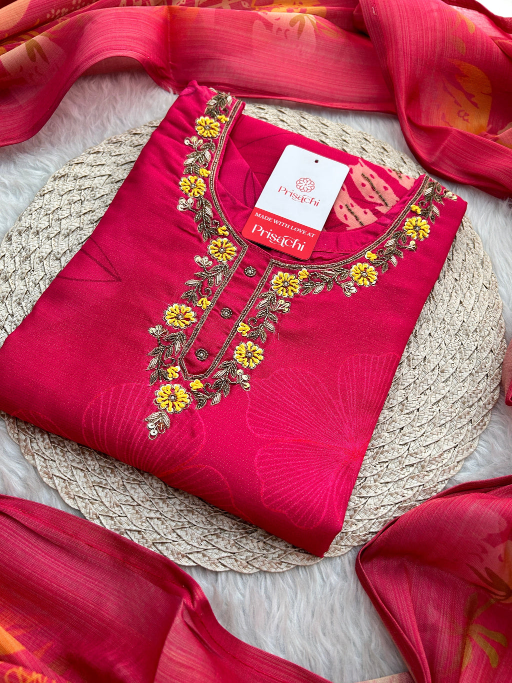 Pink Floral Printed Embroidered Kurta Set with Pants & Dupatta for Women | Festive Ethnic Suit