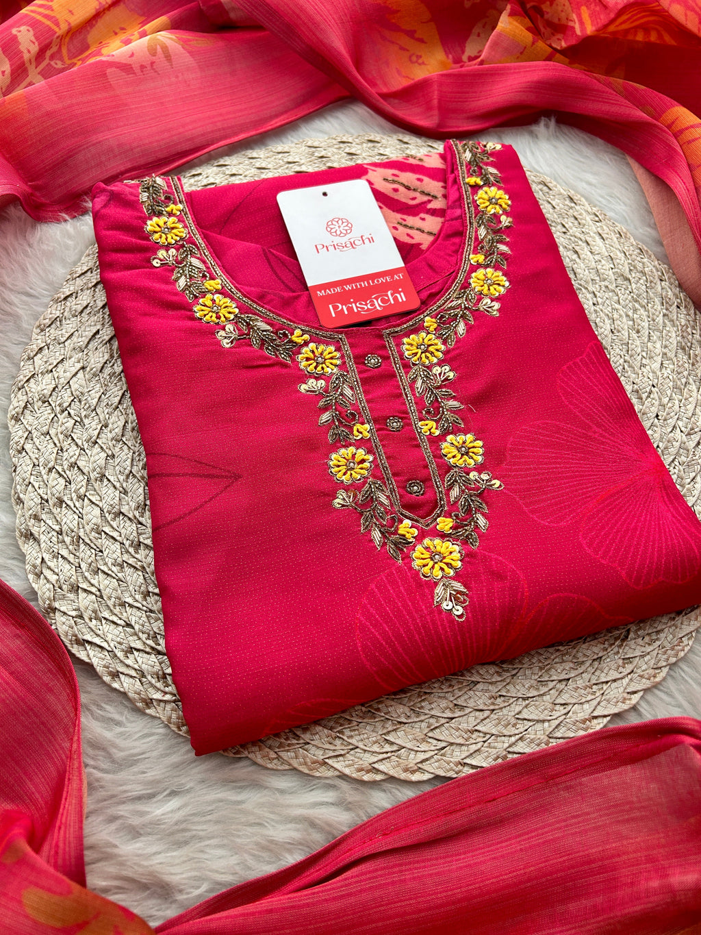 Pink Floral Printed Embroidered Kurta Set with Pants & Dupatta for Women | Festive Ethnic Suit