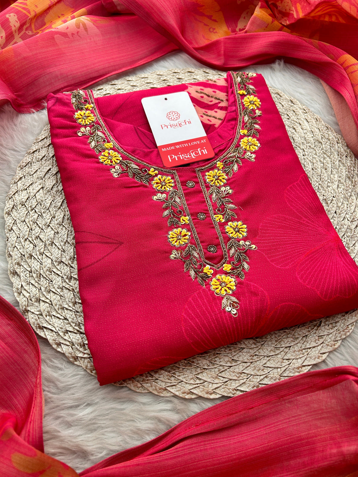 Pink Floral Printed Embroidered Kurta Set with Pants & Dupatta for Women | Festive Ethnic Suit
