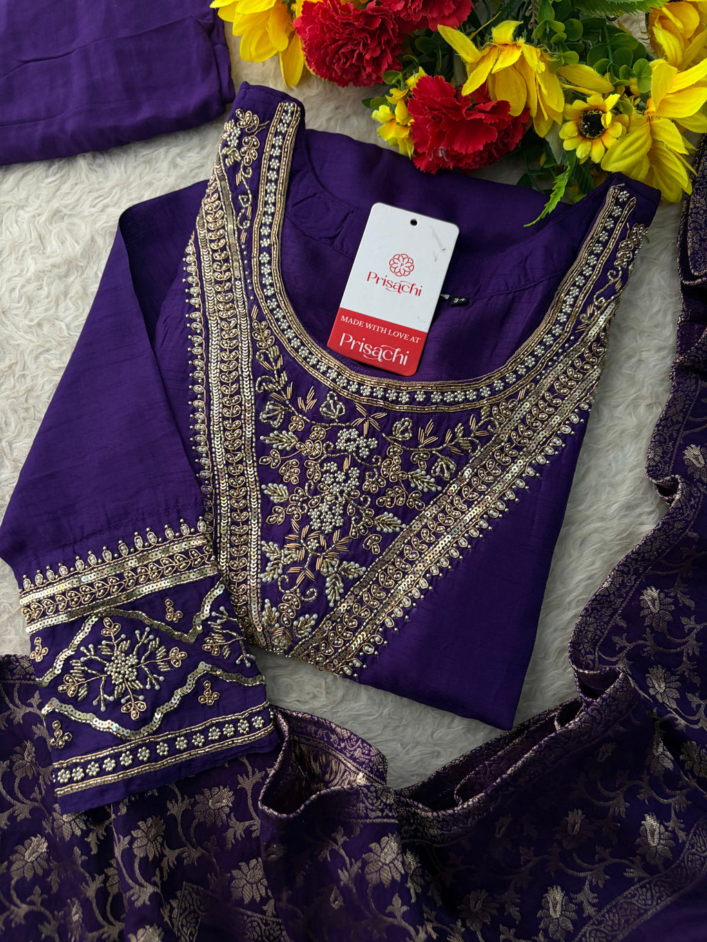 Purple Embroidered Kurta Set With Palazzo Pants & Dupatta For Women| Traditional, Festive & Party Wear