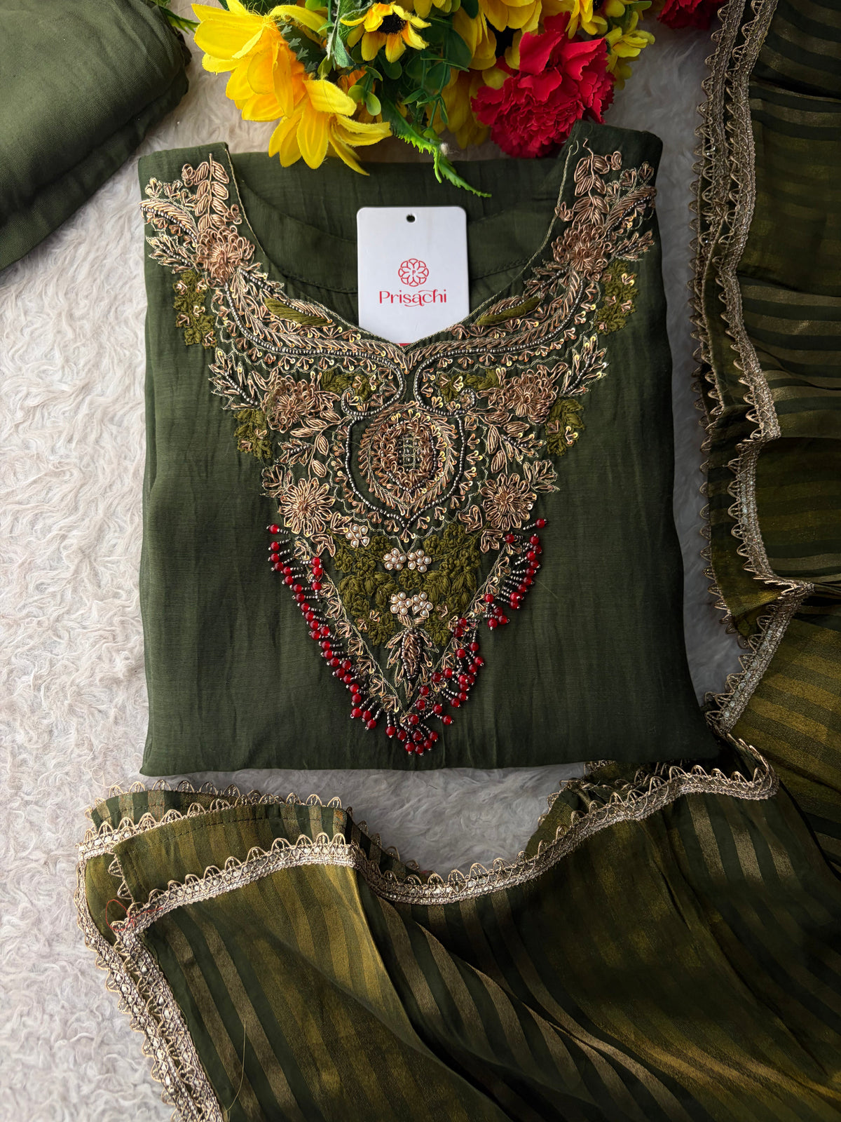 Brown Designer Embroidered Ethnic A-Line Kurta Set with Pants & Dupatta