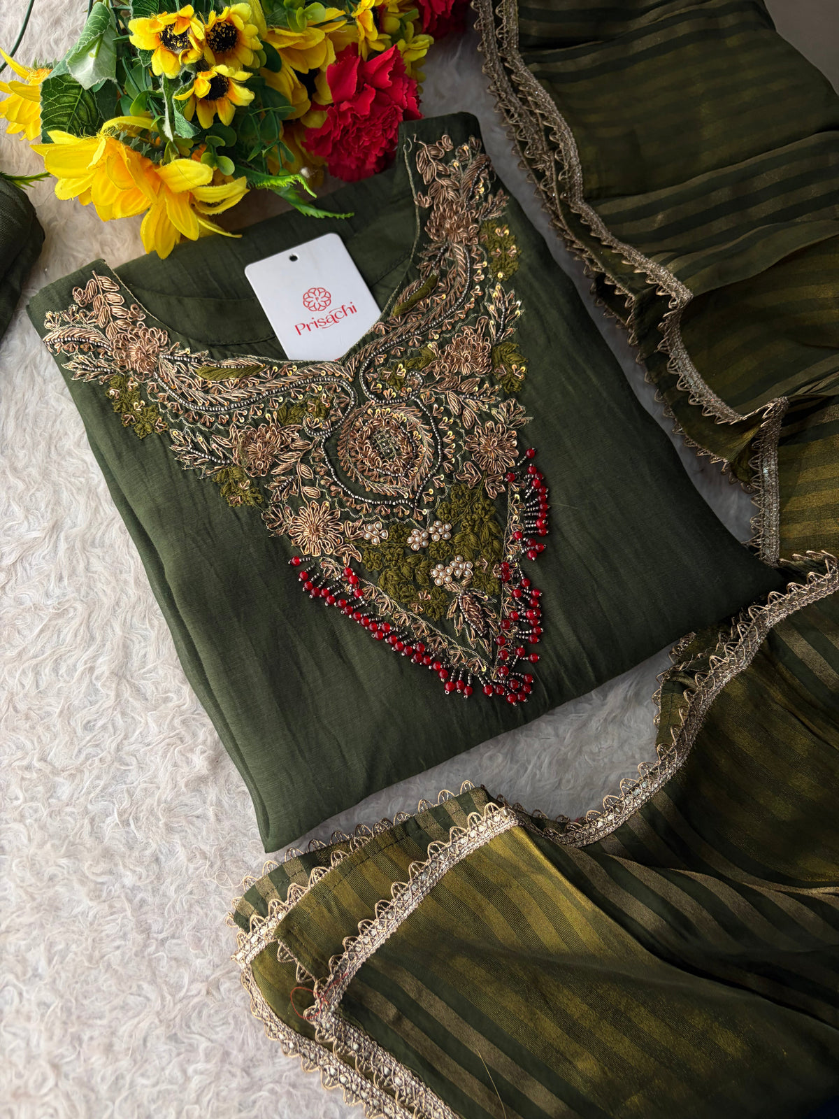 Brown Designer Embroidered Ethnic A-Line Kurta Set with Pants & Dupatta