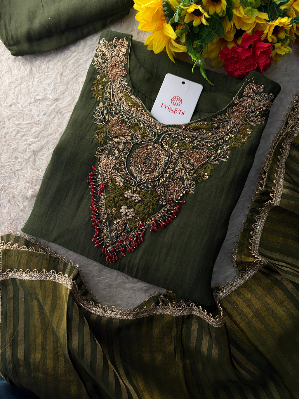 Brown Designer Embroidered Ethnic A-Line Kurta Set with Pants & Dupatta