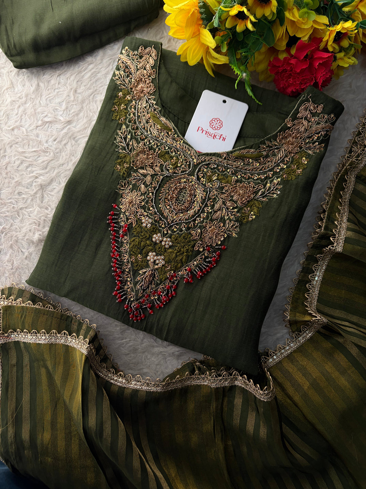 Brown Designer Embroidered Ethnic A-Line Kurta Set with Pants & Dupatta