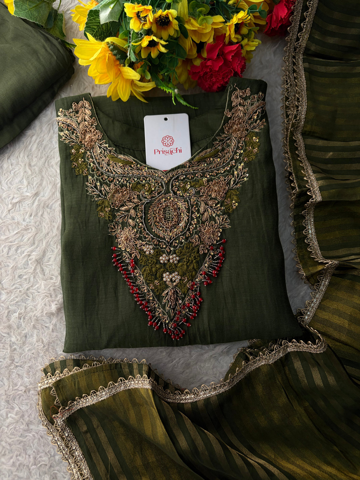 Brown Designer Embroidered Ethnic A-Line Kurta Set with Pants & Dupatta