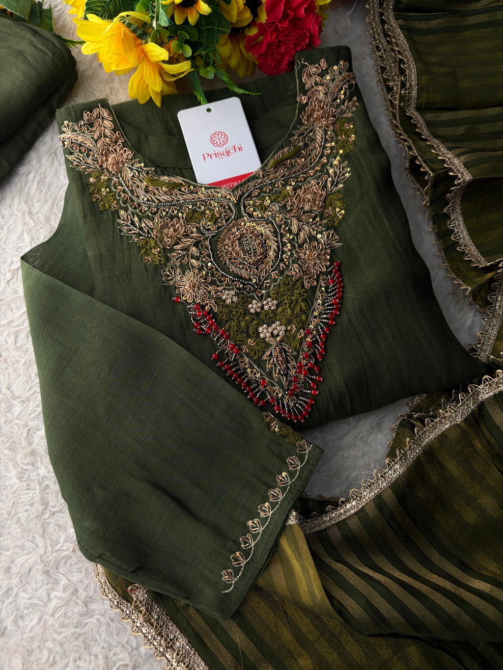 Brown Designer Embroidered Ethnic A-Line Kurta Set with Pants & Dupatta