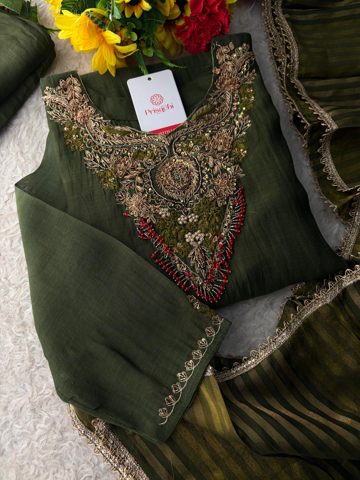 Brown Designer Embroidered Ethnic A-Line Kurta Set with Pants & Dupatta
