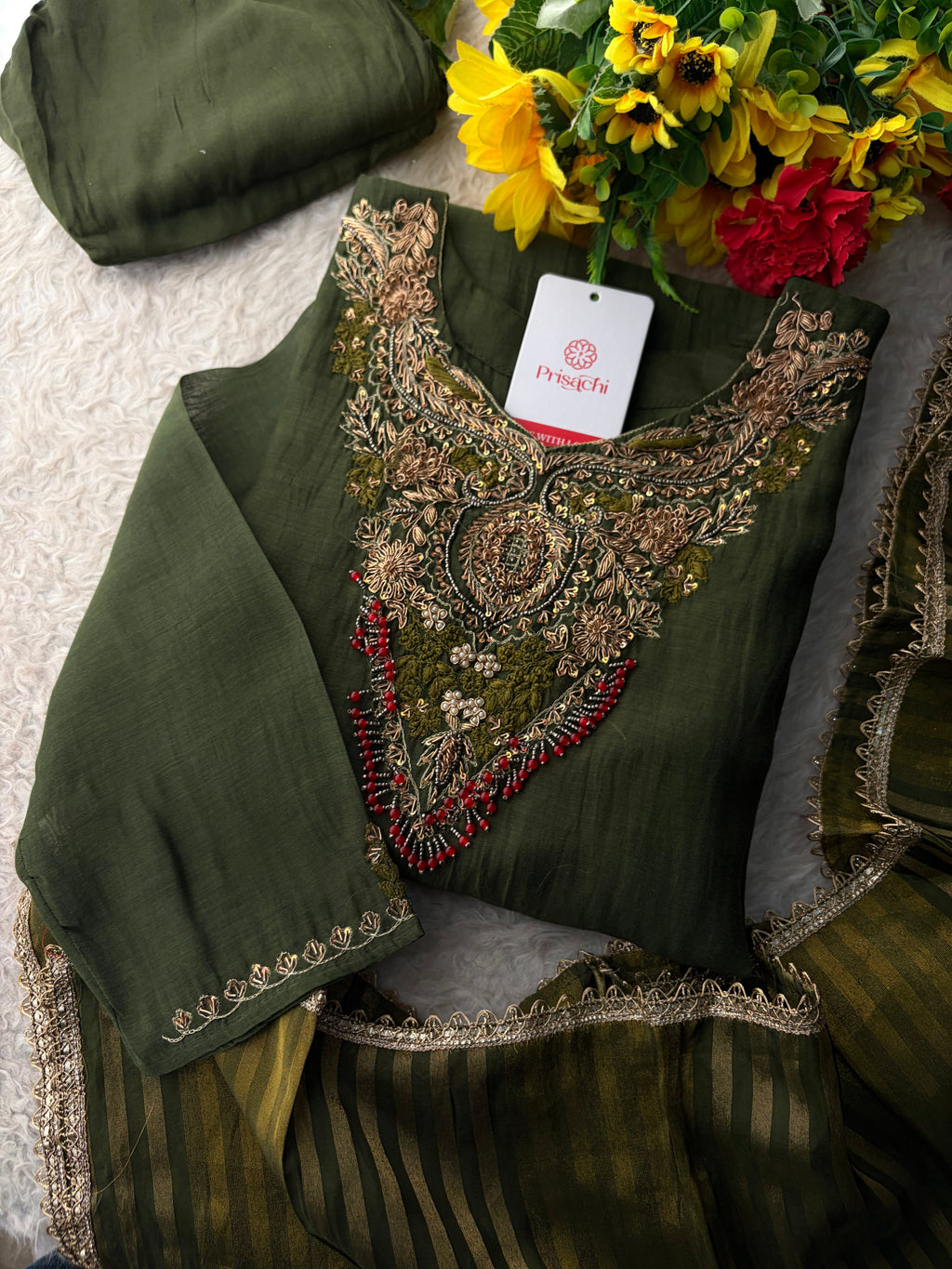 Brown Designer Embroidered Ethnic A-Line Kurta Set with Pants & Dupatta