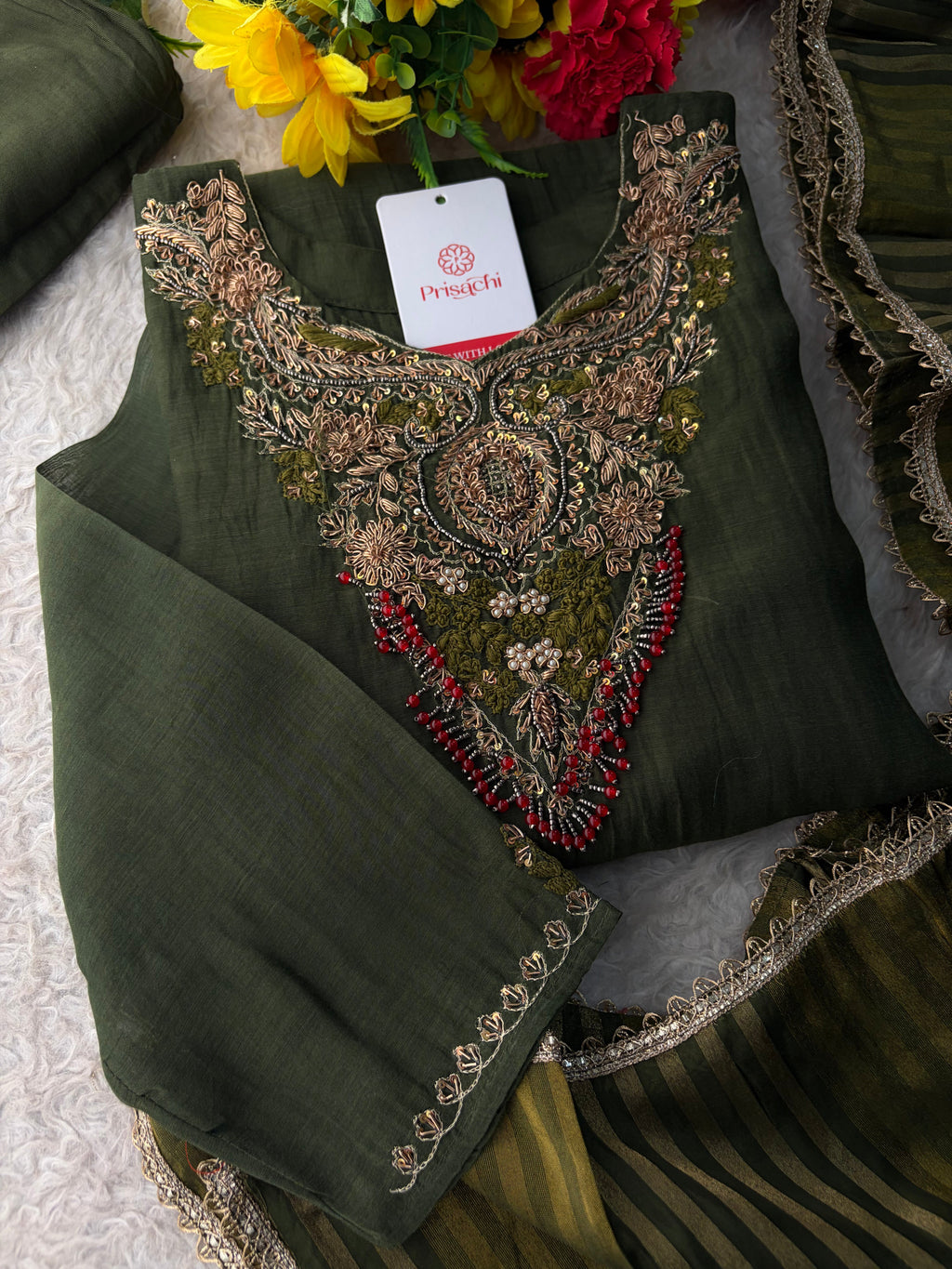 Brown Designer Embroidered Ethnic A-Line Kurta Set with Pants & Dupatta