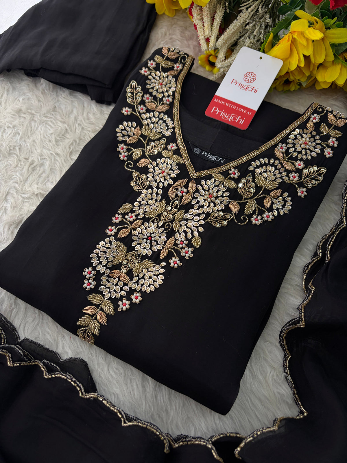 Black Embroidered Kurta Set for Women with Pants & Dupatta | Traditional Festive Wear