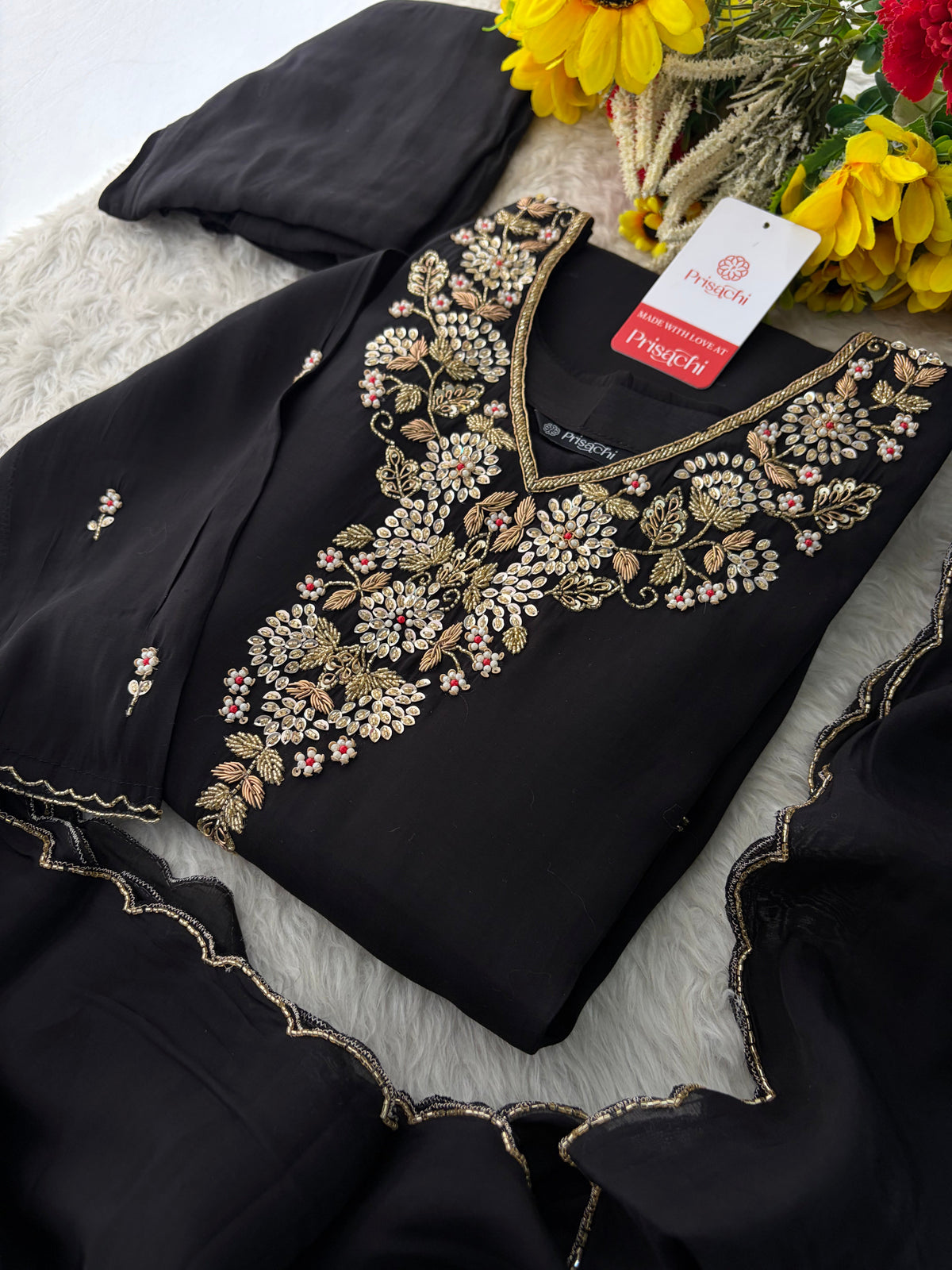 Black Embroidered Kurta Set for Women with Pants & Dupatta | Traditional Festive Wear