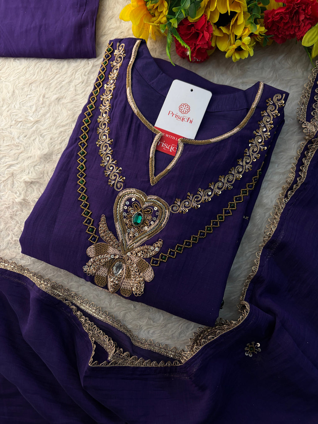 Purple Embroidered Ethnic A-line Kurta Set With Pants & Dupatta for Women| Festive Wear Suit